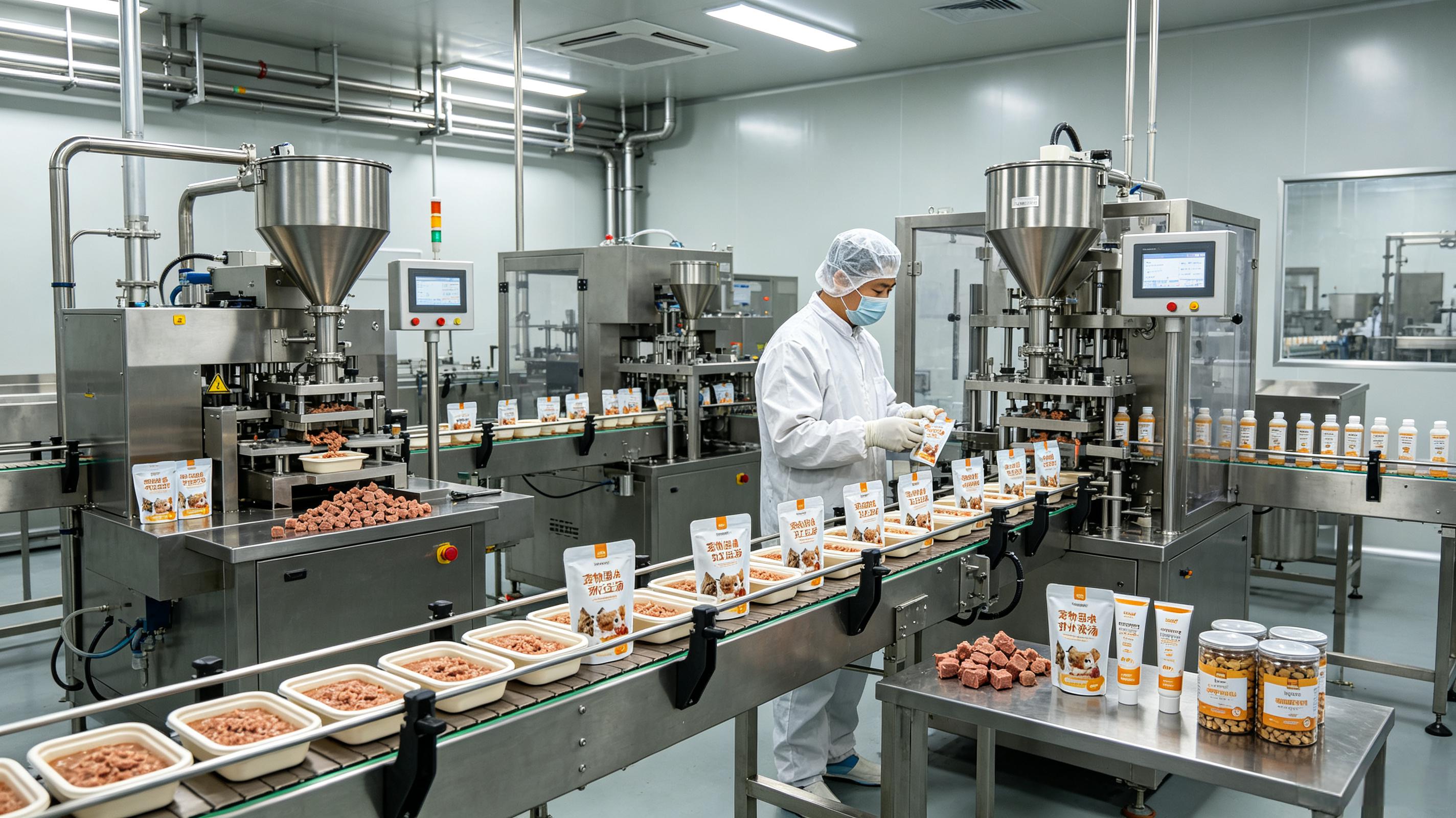 规模化宠物食品加工厂｜肉粒餐盒/流质营养膏灌装封口+给袋机成套案例