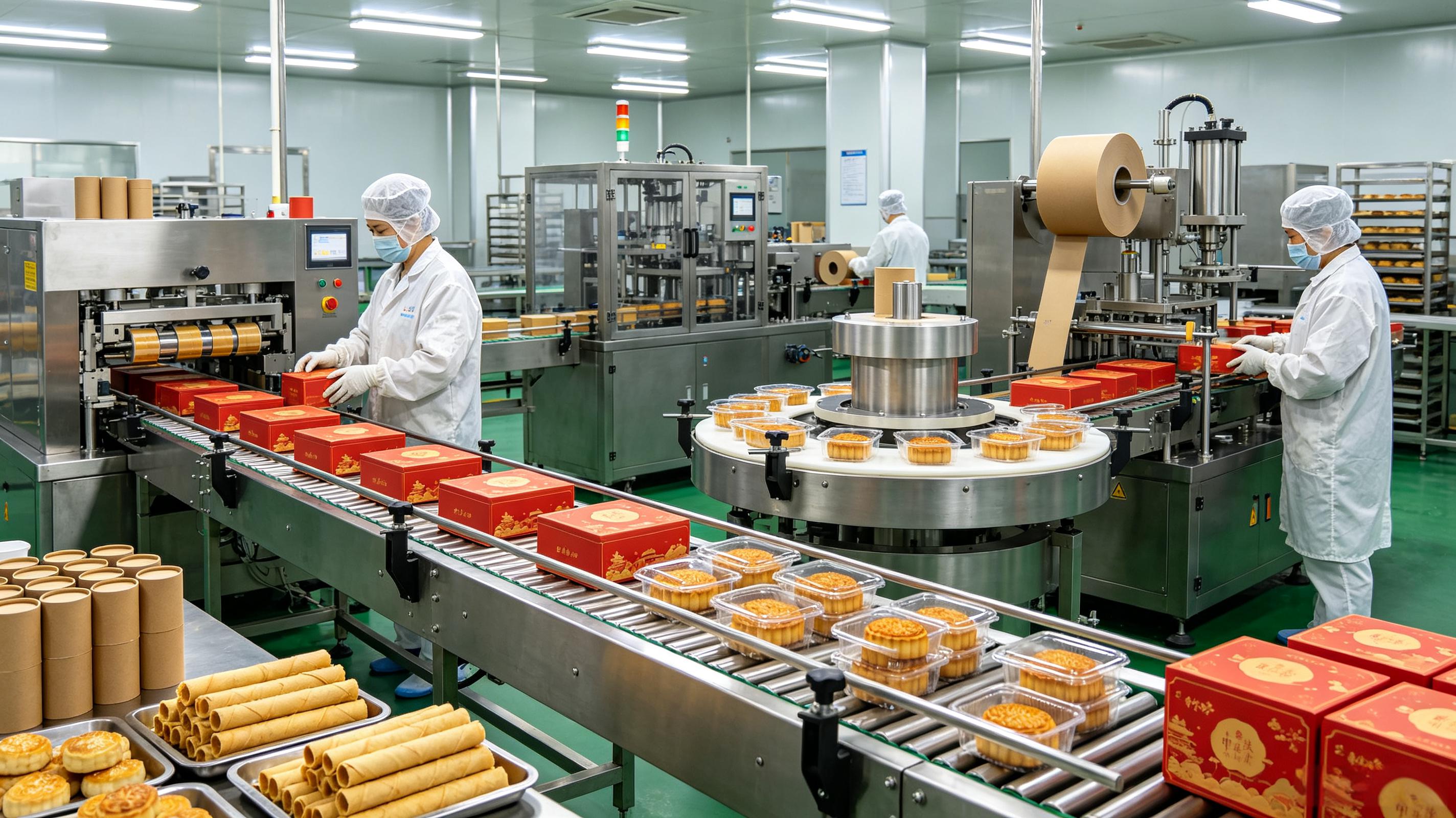 连锁烘焙中央工厂｜月饼/糕点礼盒全自动封口、纸筒卷边、平面贴标生产线
