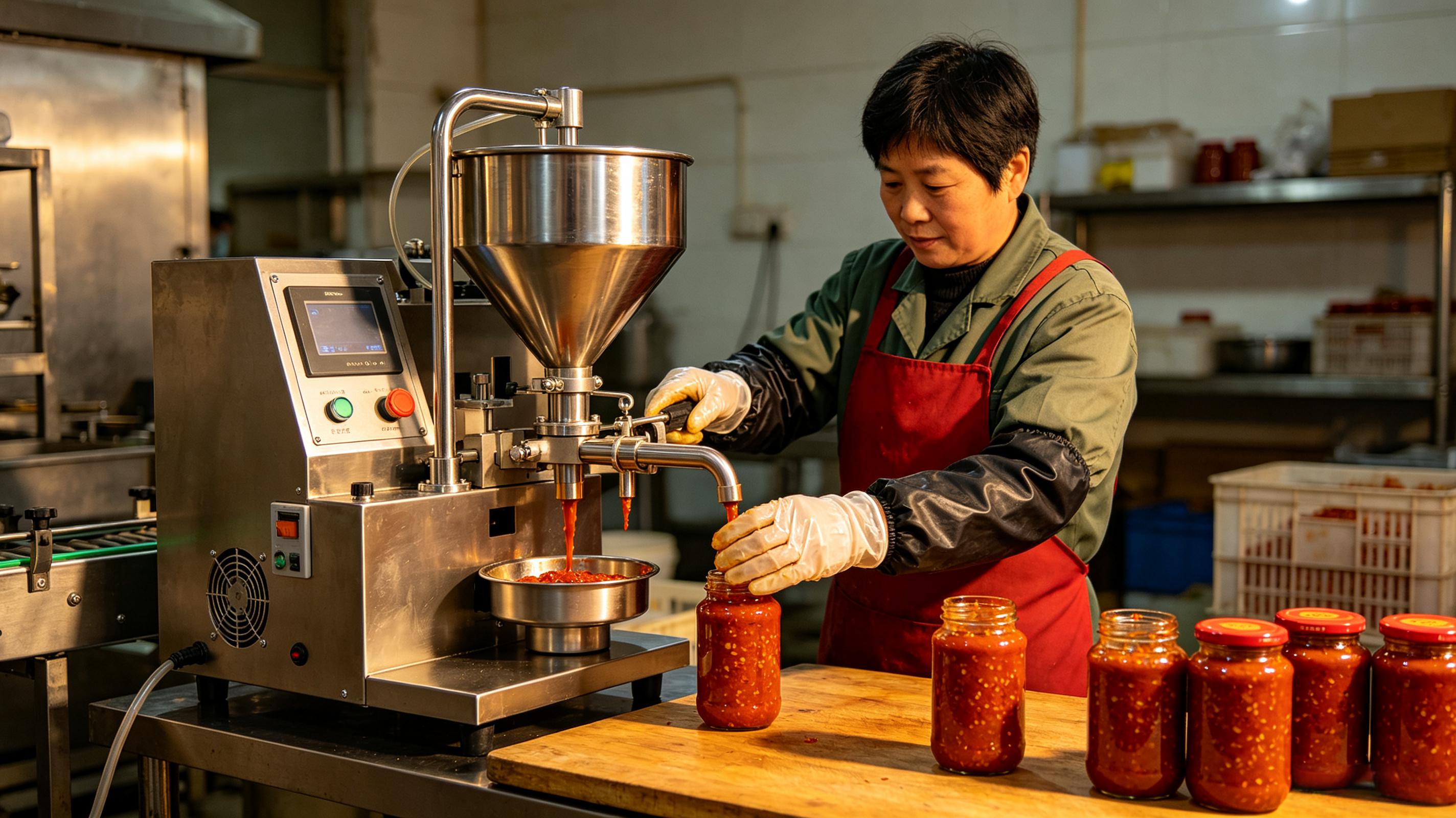 小型豆瓣酱灌装机多少钱 酱料作坊专用带搅拌防滴漏设备