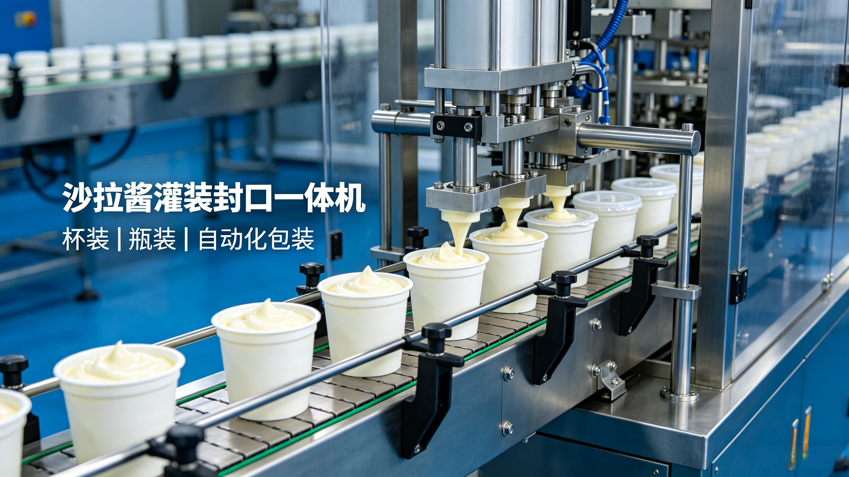 沙拉酱灌装封口一体机 全自动瓶装杯装膏体包装流水线设备