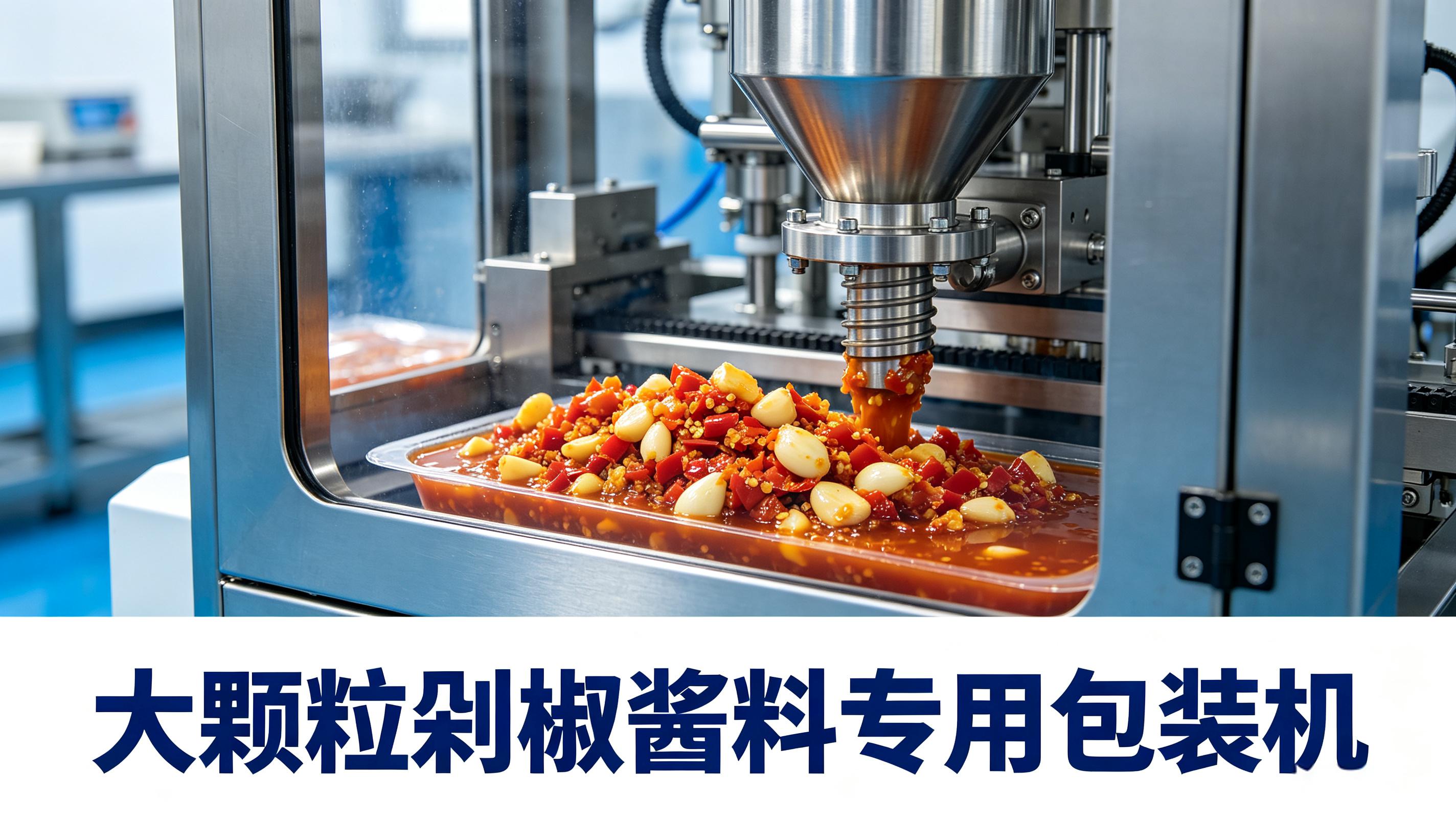 大颗粒剁椒酱料专用包装机，完整保留辣椒蒜蓉颗粒不破碎