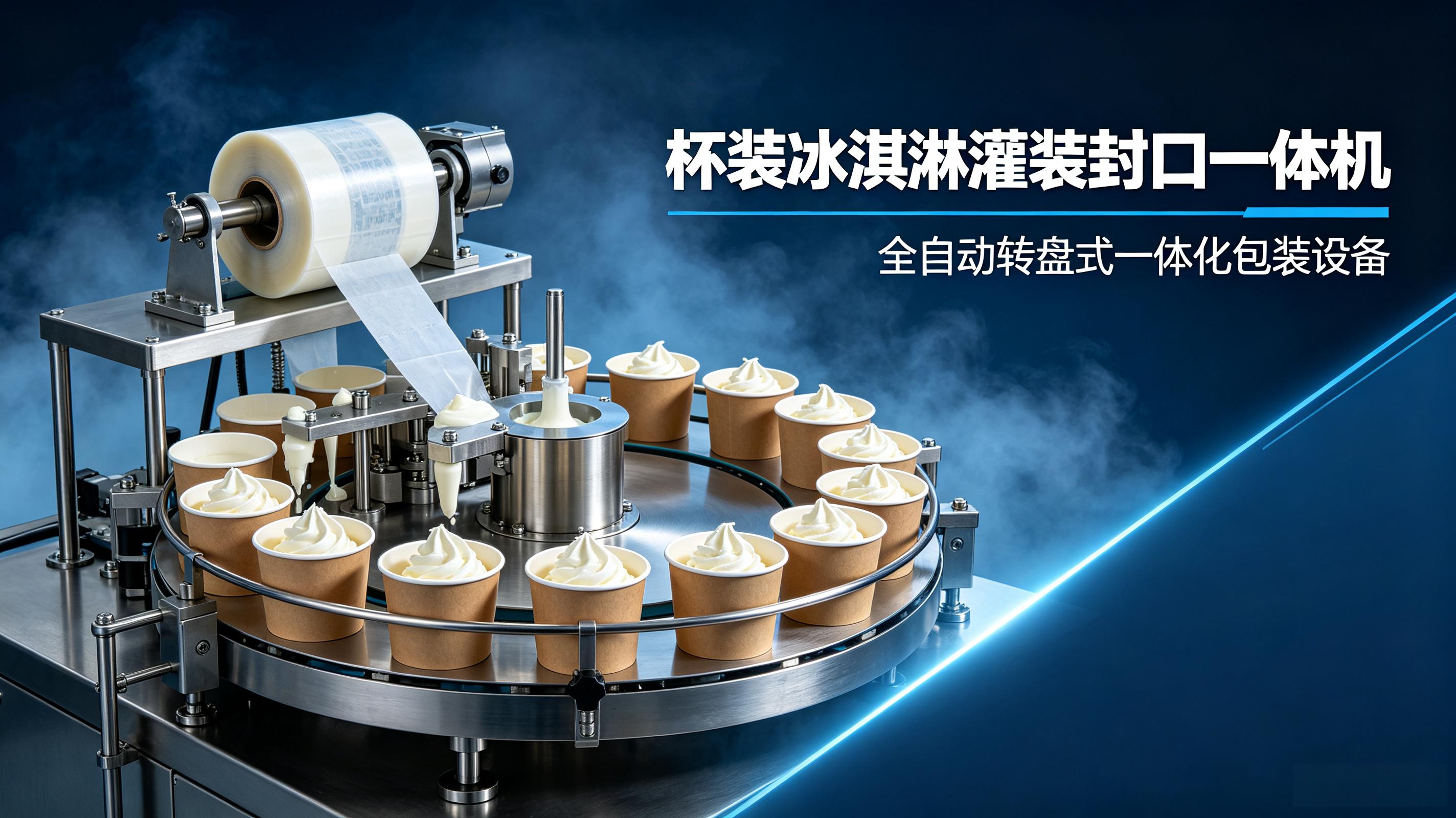 杯装冰淇淋灌装封口一体机 全自动转盘式一体化包装设备厂家