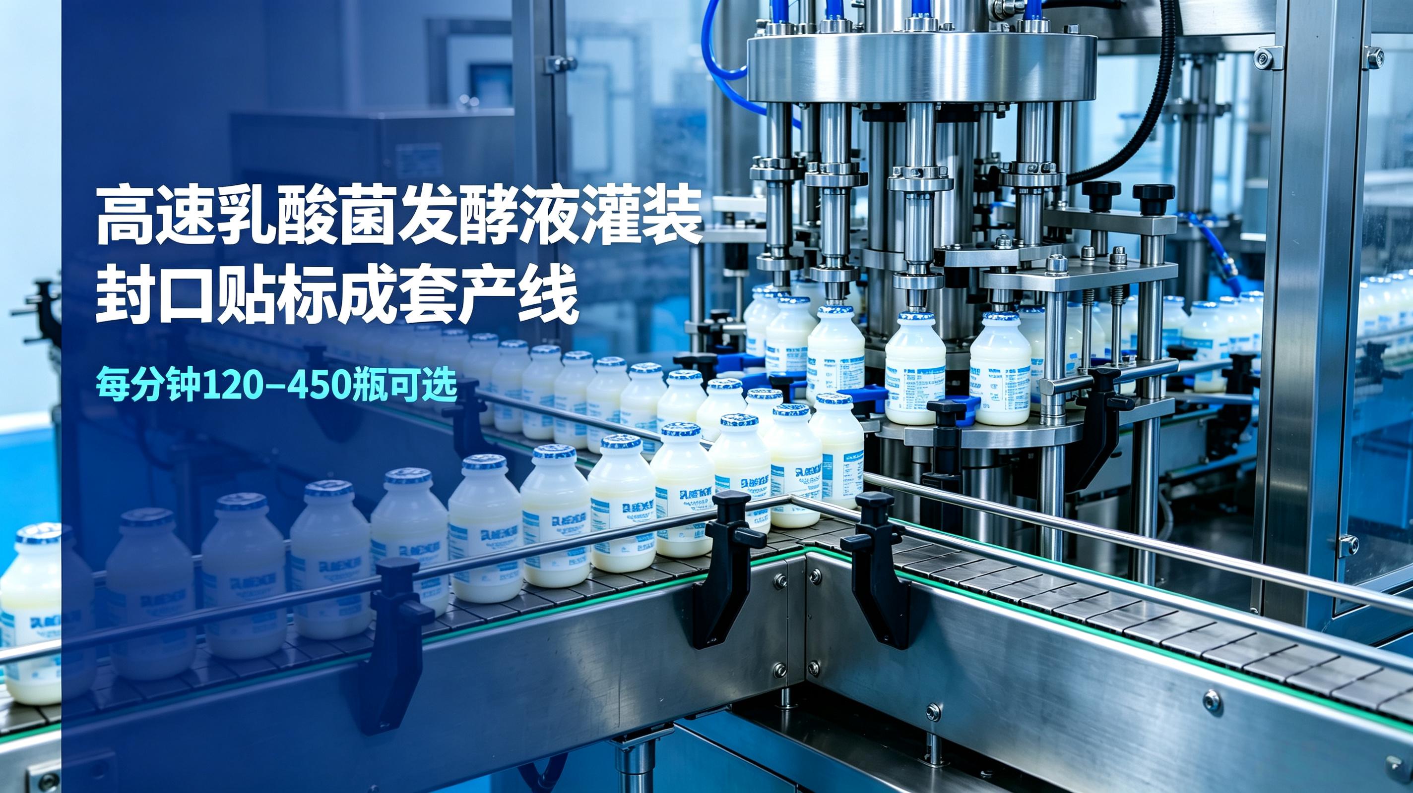 高速乳酸菌发酵液灌装封口贴标成套产线 每分钟 120–450 瓶可选